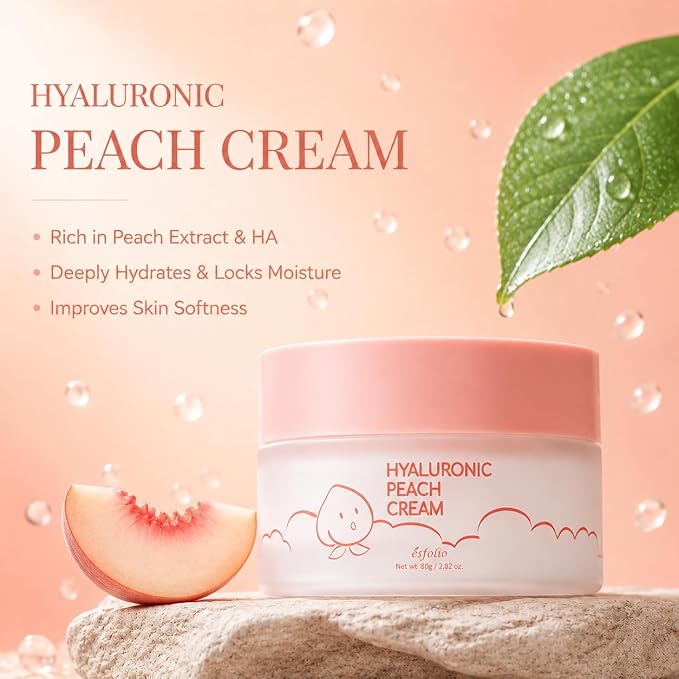 esfolio made in Korea Hyaluronic Peach Cream 2.82 Oz, Lightweight Daily Facial Moisturizer with Hyaluronic Acid and Peach Extract, Fast Absorbing Hydration Cream for Dry and Normal Skin