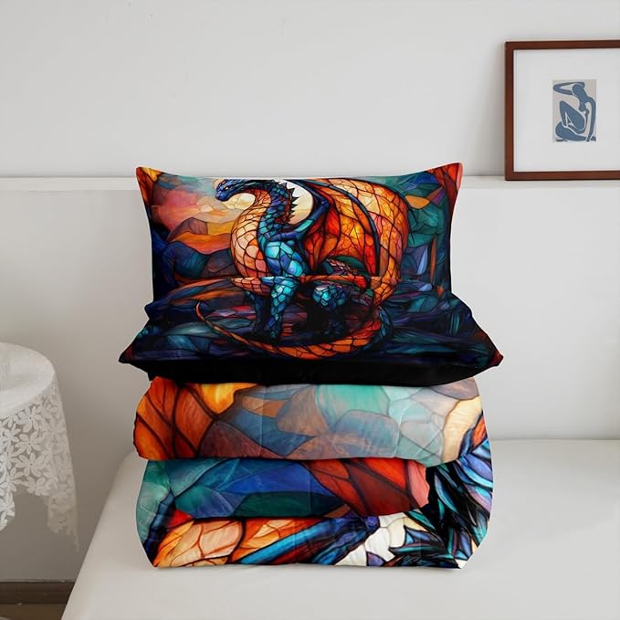 Feelyou Dragon Comforter Set King Size Dragon Stuff Comforter for Boys Girls Teens Wild Life Bedding Set Dragon Decor Duvet Set Room Decor Orange Blue Quilt Set