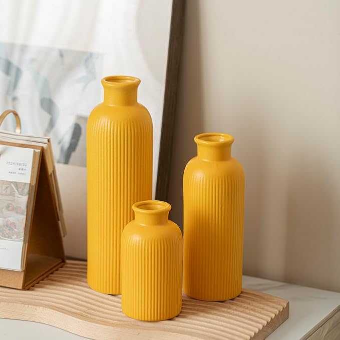 Modern Ceramic Vase Set, Yellow Ribbed Matte Design, 3-Piece Decorative Vases for Home, Living Room, Office (Yellow)