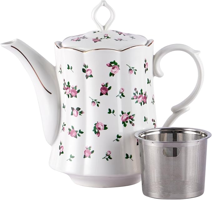 Vintage Floral Tea Pot with Infuser, 45oz, Ceramic Teapot with Tea Strainers for Loose Leaf Tea, Rose Teapots for Tea Party