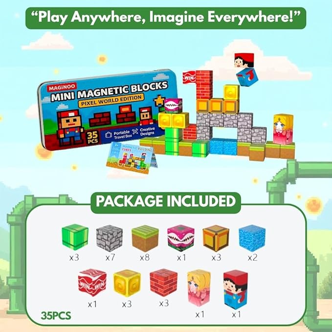 35PCS Pixel World Edition Mini Magnetic Blocks – Creative 3D Building Cubes, STEM Travel Toy in Magnet Box, Compact Magnetic Toy for On-The-Go Play, Gift for Kids Ages 3–8, Boys & Girls