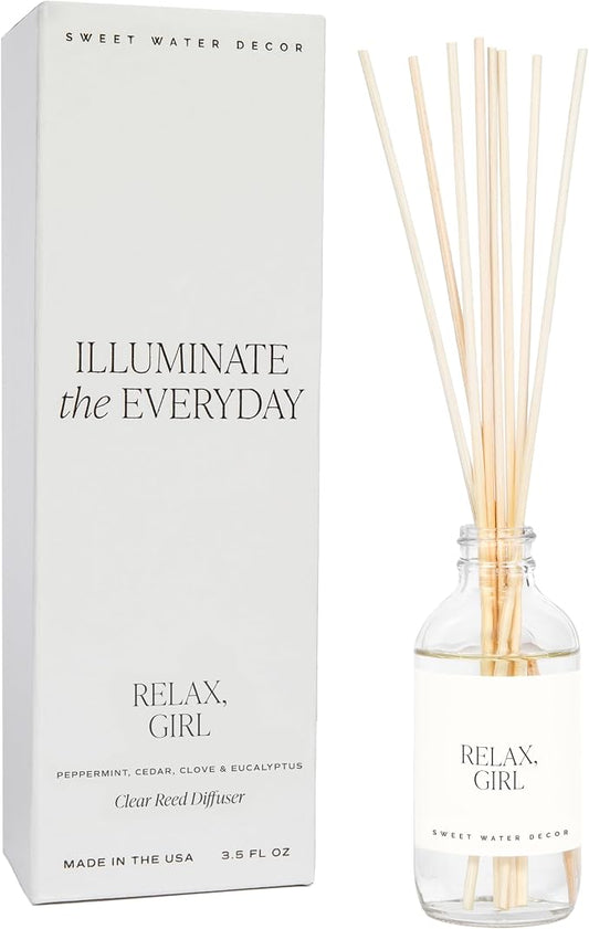 Sweet Water Decor Relax Girl Clear Reed Diffuser Set – Aromatherapy Home Fragrance with Peppermint, Cedar, Clove & Eucalyptus Notes – Long-Lasting Scent for Bedroom & Bathroom – Lasts Up to 4 Months