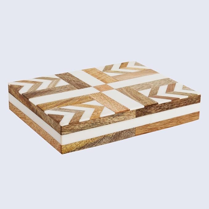 Handicrafts Home White Decorative Storage Box with Lid Wooden Desk Organizer Box Office Storage Box for Workspace Desk Decor Organizer – Resin Inlay Patisserie Adorn Collection- 8x6x1.5