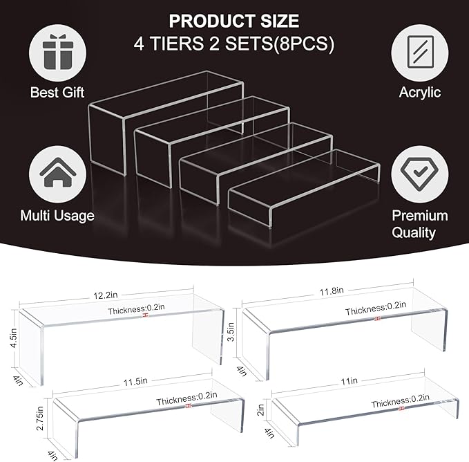 Acrylic Display Risers,12'' Large Display Stands, Thickened to 0.2''(5mm) Stackable Acrylic Shelf for Perfume Display, Clear Risers for Cupcake Stand,Pop Figurines,Tumbler,Food (Clear, 8PCS)