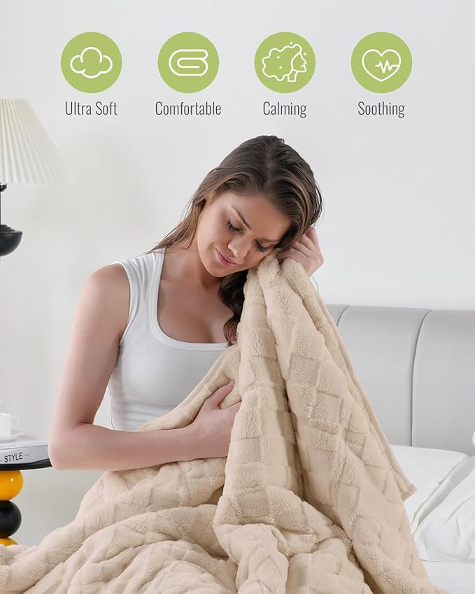 Uttermara Blankets for Adults Queen Size, 20lbs 60x80 inches Blanket with Soft Warm Plush Jacquard Sherpa, Washable Thick Throw, Khaki