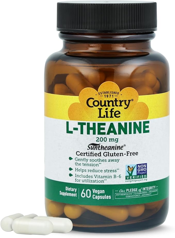 Country Life Suntheanine L-Theanine – 60 Vegan Capsules | Natural Stress Relief Supplement with Inositol | Promotes Relaxation, Focus & Better Sleep | Certified Gluten-Free, Non-Drowsy Formula