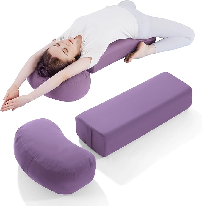 MABOZOO 2-Piece Yoga Bolster Pillow, Rectangular & Crescent Meditation Cushions with Removable Cover for Restorative Yoga, Meditation Accessories for Sitting on Floor