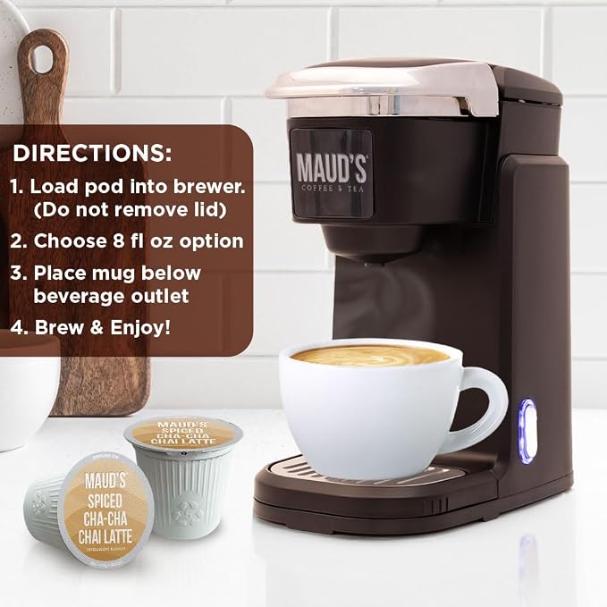 Maud's Chai Tea Latte Pods, 18 ct, Single Serve Tea Pods - 100% Gourmet Blended Tea Leaves, Compatible with Keurig K Cups Maker