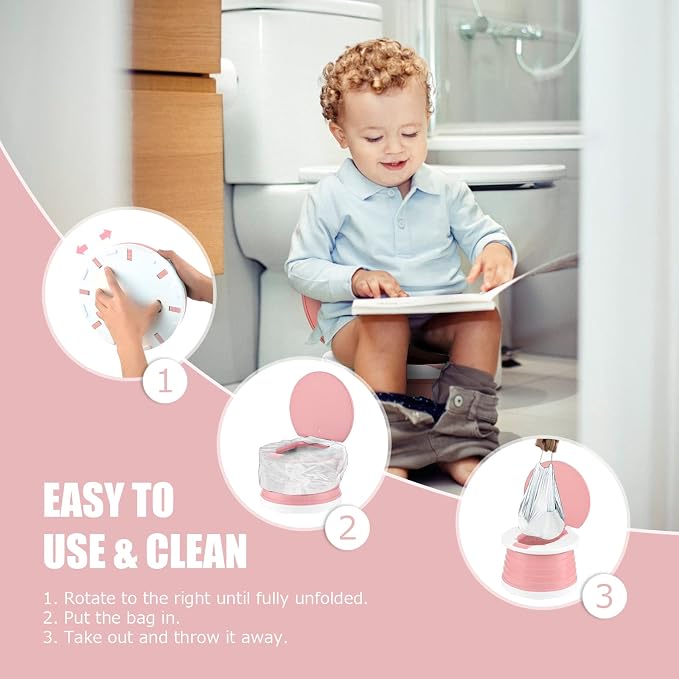 Portable Potty for Toddler Travel Foldable Potty Seat for Toddler Training Toilet for Kids Boys Girls Car Potty On The Go Potty Travel Potty Chair for Camping Park Indoor/Outdoor -105PCS Cleaning Bags
