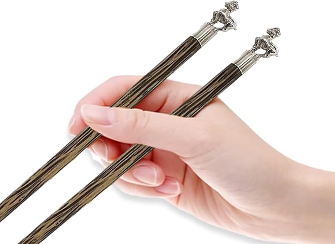 Wooden Chopsticks 9⅞" Long Coconut Palm Wood Chopstick With Metal Goat Top Eating Utensils Oriental Cutlery Asian Tableware Decorative Dinnerware to Serve Chinese Japanese Korean Food