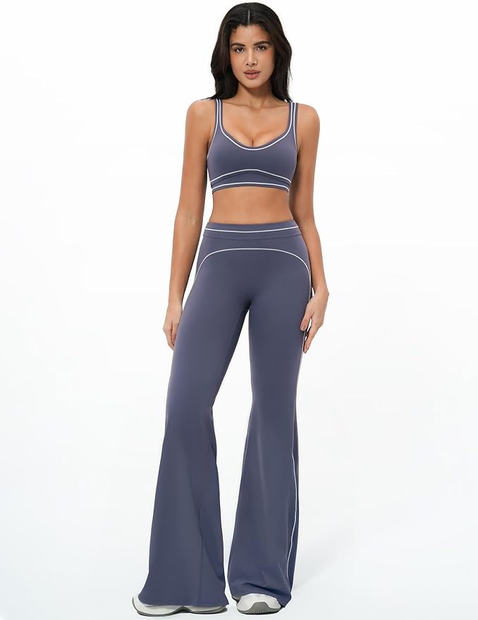 Women 2 Piece Workout U Back Color Block Sports Bra High Waist Tummy Control Active Leggings Yoga Pilates Outfits