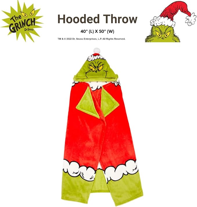 Franco Dr. Seuss The Grinch Holiday Christmas Kids Bedding Soft Cozy Hooded Throw Blanket, 40 in x 50 in, (Officially Licensed Product)