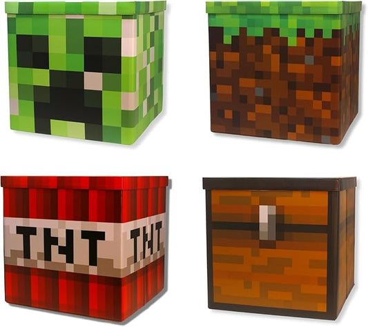 Large 14 x 14 Pixelated Box - 4 Pack | Birthday Party Supplies | Storage Decoration and Prop, Big Birthday Box | Storage Bin Chest With Lid Gift Accessory (4 Pack)