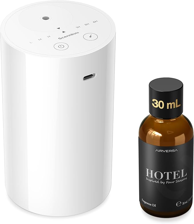 ANZ Waterless Essential Oil Diffuser Starter Kit, Black | 30 mL Four Sns Hotel Scent Fragrance Oil, Battery Operated, Up to 600 sq ft, Portable for Home Car Office, ANZKit-30-F