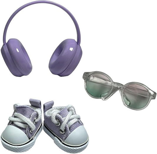 3pcs Doll Accessories Set for 17cm Doll Included Headphones, Canvas Shoes and Mini Gradient-Lens Glasses, Trendy Dress Up Accessories for 6.7 Inches 1st/2nd/3rd Gen Figures (Headphone Set - Purple)