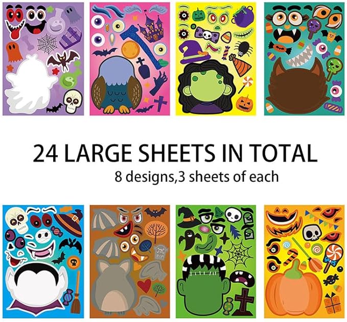24 Sheets Halloween Party Games - Make Your Own Stickers, Kids Halloween Activities with Pumpkin, Mummy, Zombie, Werewolf, Vampire Themes