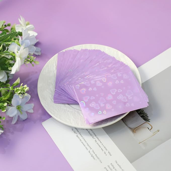 100pcs Holographic Colors Card Sleeves, 3.58x2.6in/91x66mm Colored Heart-Shaped Flashing Card Sleeves for Mini Polaroid Photocard Collectible Protection(Purple)