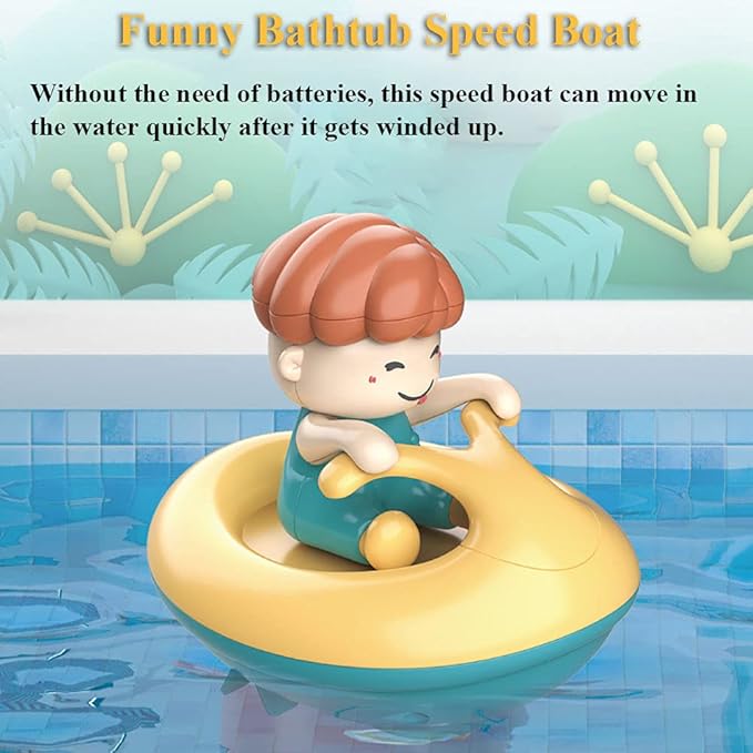 Windup Speed Boat Bath Toy, Funny Bathtub Yacht Toy Clockwork Ski Jet Ship Toy Boat Tub Toy Yacht Water Toy for Boys and Girls (Blue-red)