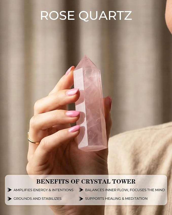 Natural Healing Crystal Wand - 2.4-2.8" Polished Gemstone Point Obelisk - Rose Quartz & Hexagonal Towers for Reiki Energy, Chakra Balancing, Meditation & Home Office Decor - Spiritual Gifts for Women