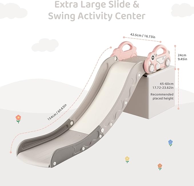 Indoor Kids Baby Couch Slide for Toddler 1-3, Sofa Slide Add-on Attachment for Bed Nugget Playgrounds, with Secure Base Guardrail, Gentle Slope Extended Buffer Zone, Fun Car Design, Pink