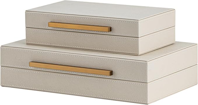 Set of 2 Beige Shagreen Decorative Storage Boxes with Gold Metal Handles – Faux Leather Jewelry & Memory Boxes, Nesting Photo Organizers for Home Decor