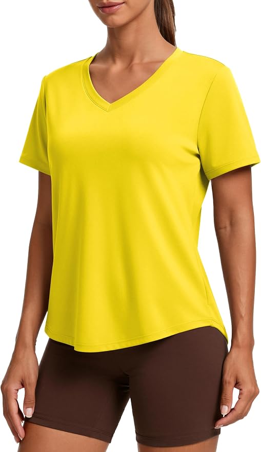 PINSPARK Soft Workout Tops for Women Short Sleeve V Neck Moisture Wicking UPF 50+ Sun Protection Quick Dry Gym Shirts