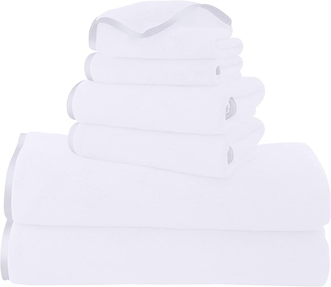 TENSTARS Luxury Silk Hemming Towel Set - Light Thin Quick Drying - 2 Bath Towels 2 Hand Towels 2 Washcloths - Ultra Soft Microfiber Towel for Bath Fitness, Sports, Yoga, Travel (White 6 Pieces)