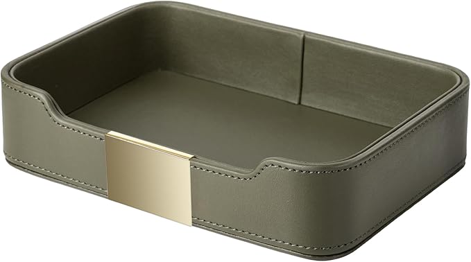 Luxury Leather Tray Organizer, Valet Tray Key Bowl (Khaki Green) | Key Catchall Tray for Entryway Table Desktop Storage, Decorative Tray for Jewelry Keys Wallet Phone Watch, Metal Gilded