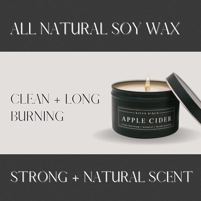 River Birch Candles Apple Cider Scented Candle | Premium, All-Natural, Non-Toxic, Soy Candles | 8 oz. Black Matte Tin Travel Candle | Cozy Relaxing Gifts for Home