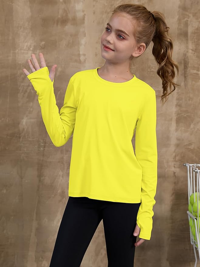 ZDC Girls Long Sleeve Athletic Shirts Kids Crewneck Quick Dry Workout Yoga Tops Basic Tees Activewear