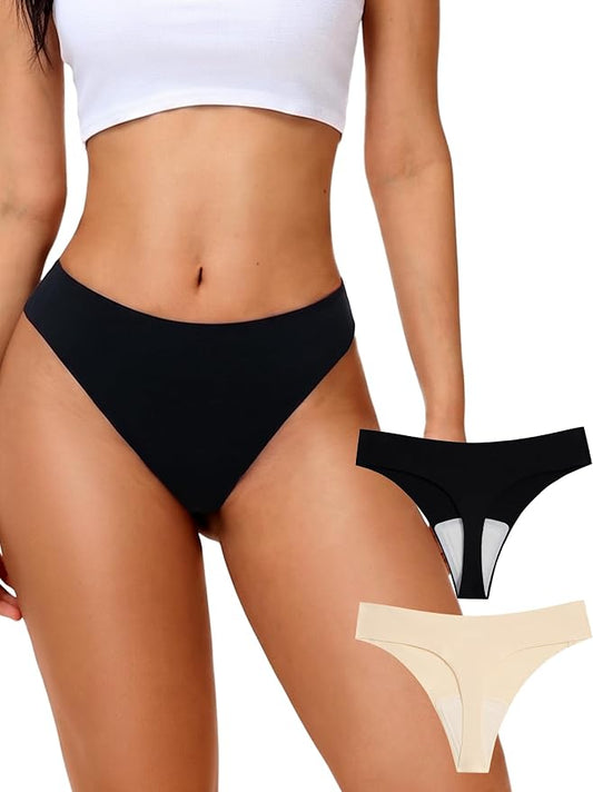 HONENNA Cotton Seamless No Show Thongs for Women, Smooth Front, Invisible Panty Liners Underwear, 1-2 Pack, Workout Panties
