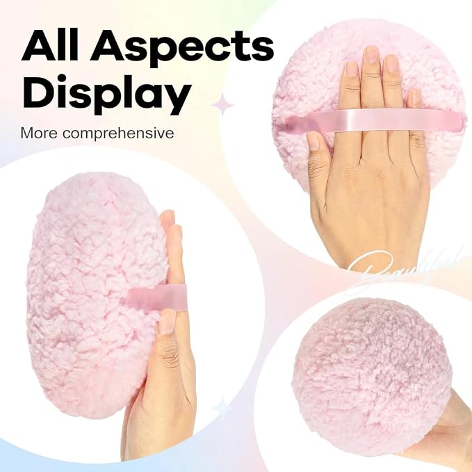 Big Body Powder Puff and Container, Glass Powder Container with Puff for Body and Face, Crystal Case and 6'' Soft Washable Reusable Velour Puff for Wet Dry Makeup（Yurt, Amber)