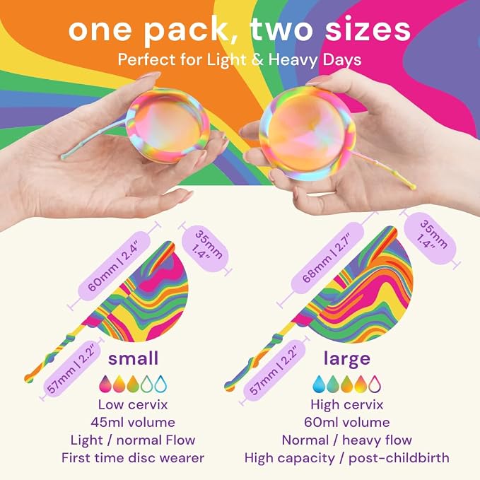Bodyotics Reusable Menstrual Disc - 2 Pack (S & L), Proud | Leak-Proof Alternative to Cups, Tampons & Pads for Light or Heavy Flow; Body-Safe Silicone with 12 Hour Wear