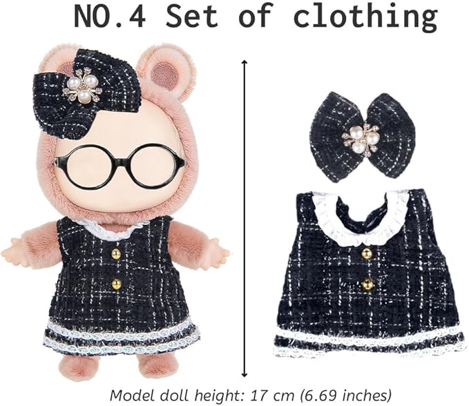 ebuddy 6 Sets 17cm Plush Dolls Clothes - Dress Up Doll Clothing Set Replacement Outfit Collection with Hats & Accessories (No Doll No Glasses)