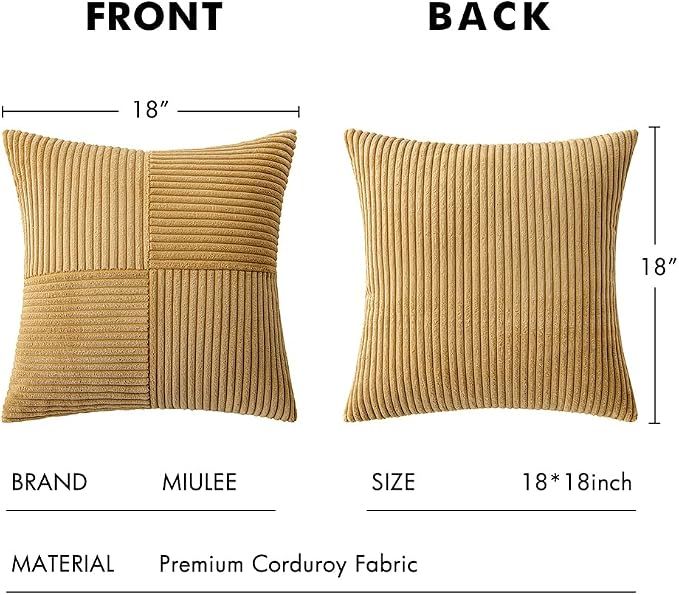 MIULEE Cream Yellow Decorative Throw Pillow Covers for Couch 18x18 Inch | 2 Pack, Boho Farmhouse Pillow Covers, Soft Cross Corduroy Patchwork Textured Cushion Cases For Bed Sofa