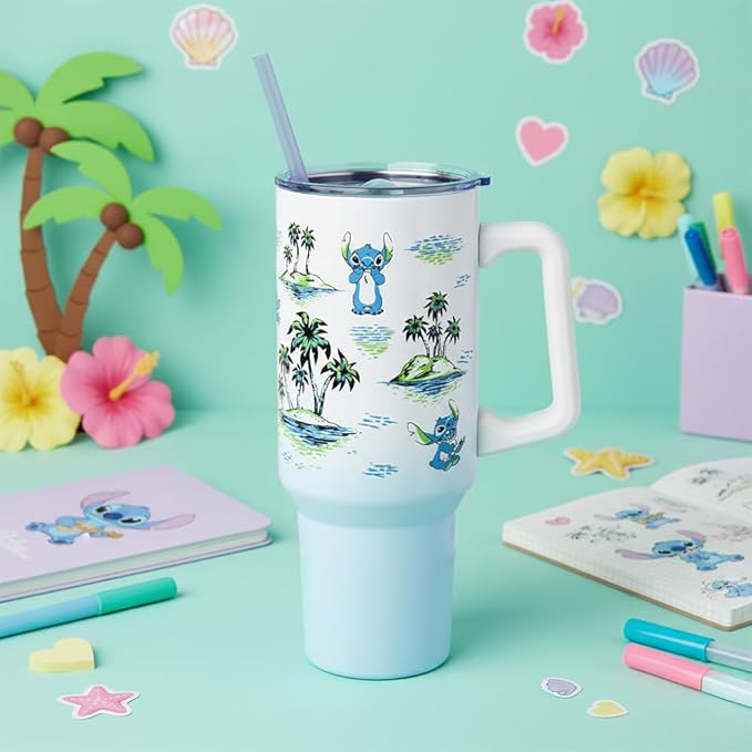 Silver Buffalo Disney Lilo and Stitch Vintage Sketch Palm Trees and Flowers Double Walled Stainless Steel Tumbler with Handle and Straw, Fits in Standard Cup Holder, 40 Ounces