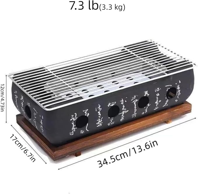 Upgraded Japanese Hibachi Grill, Portable Tabletop Yakitori Charcoal BBQ Indoor Outdoor with Wooden Base & Grill Grid - 6.7x4.73x13.6in (XL)