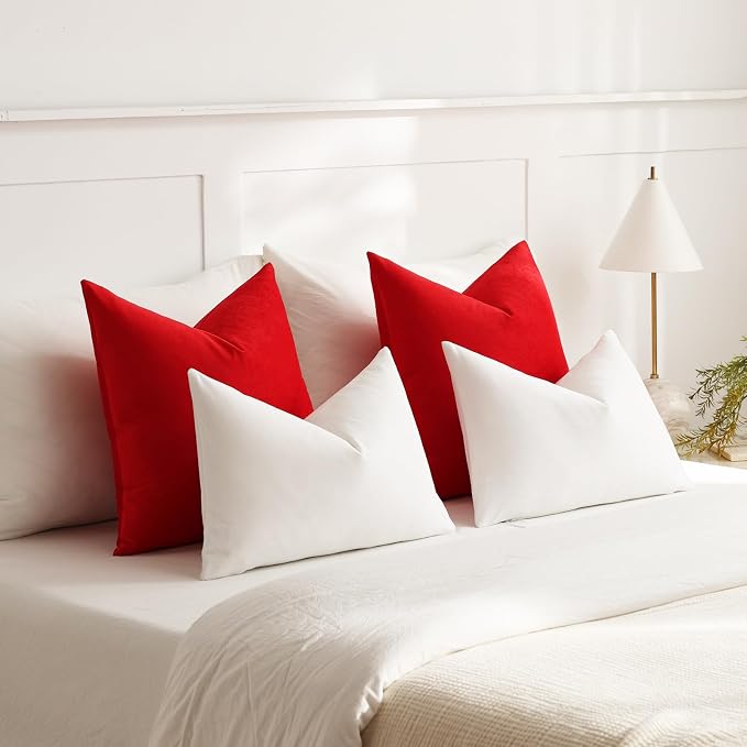 Euro Sham Covers 26x26 Christmas Red: Pack of 2 Cozy Soft Velvet Square Modern Luxury Decorative Throw Pillow Cases for Sofa Couch Living Room Bed Home Decor