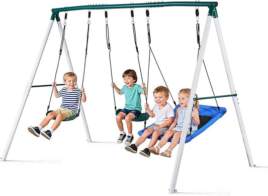 VEVOR Swing Set for Backyard, 45 x 30 in Swing Seat and Two Belt Seats, with Heavy Duty A-Frame Metal Stand, 700 lbs Load Capacity, Reinforced with Spiral Ground Anchors, Swingset Outdoor for Kids