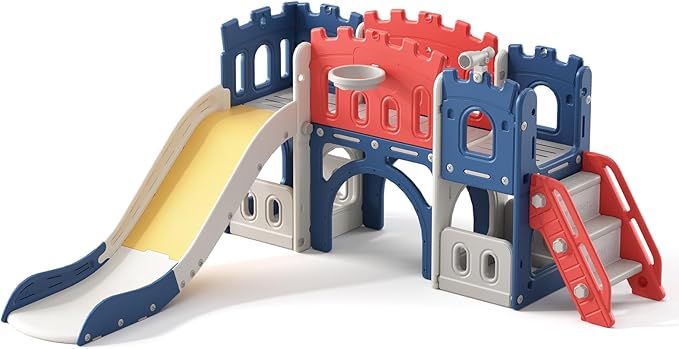 8 in 1 Toddler Slide, Castle-Themed Indoor Outdoor Playground for Toddlers Age 1+ with Extra-Long Slide, Basketball Hoop and Ball, Telescope, Tunnel, Storage Space, Baby Climber Playset, Colourful