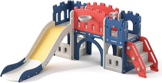 8 in 1 Toddler Slide, Castle-Themed Indoor Outdoor Playground for Toddlers Age 1+ with Extra-Long Slide, Basketball Hoop and Ball, Telescope, Tunnel, Storage Space, Baby Climber Playset, Colourful