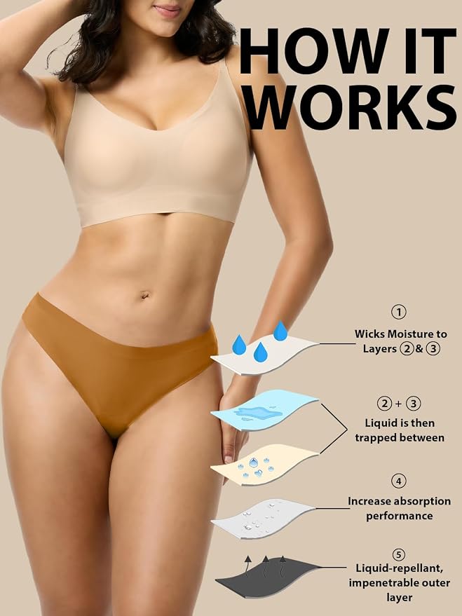 Seamless Thong Period Underwear for Women Teens Light Flow Moisture Wicking Side Leak Prevention Panties 3 Pack