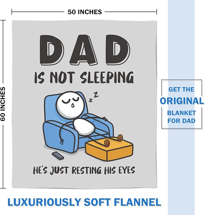 Funny Birthday Gift for Dad Husband, Dad is Not Sleeping Blanket | Dad Gifts from Daughter Son, Super Soft Throws Blanket for Couch and Napping, 60" x 50" (Gray)