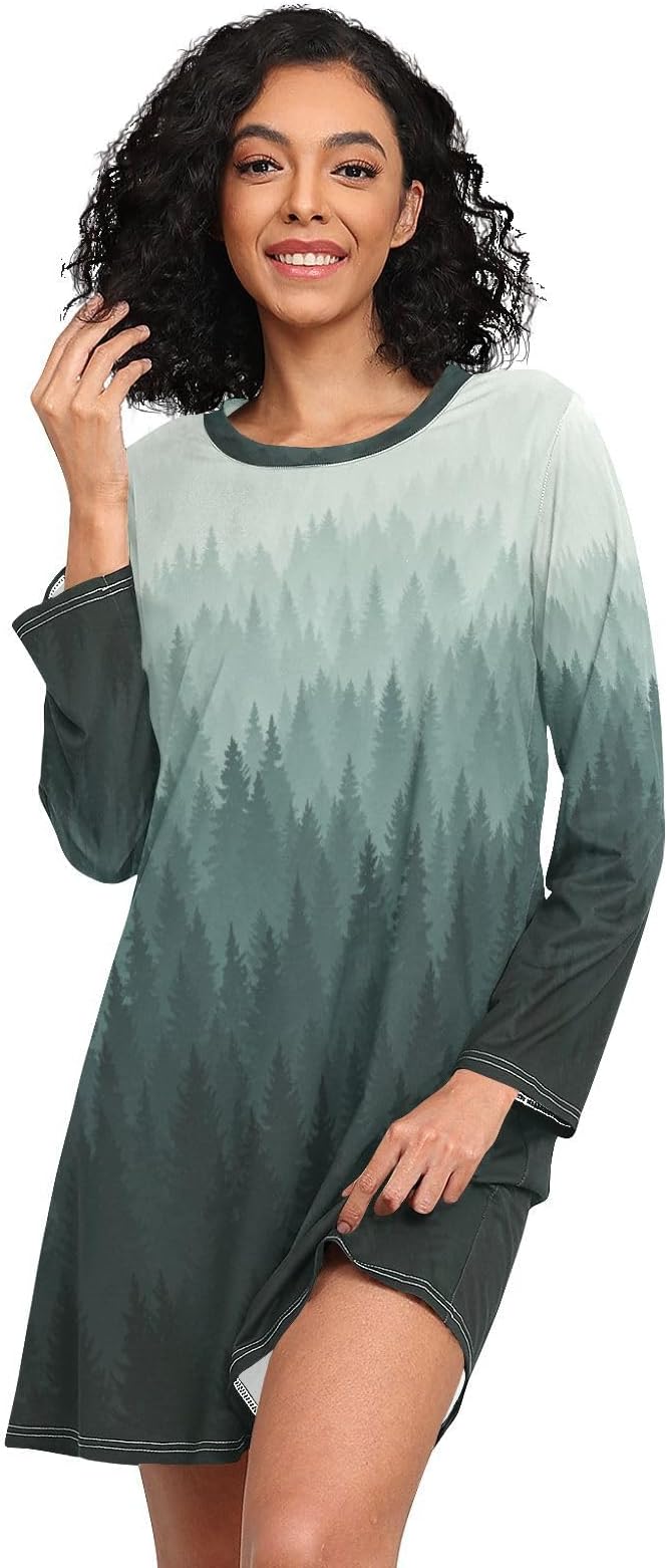 ALAZA Long Sleeve Nightgowns for Women Green Forest Tree Moo Moos Sleep Shirts Moomoo House Dresses Nightshirt Sleepwear