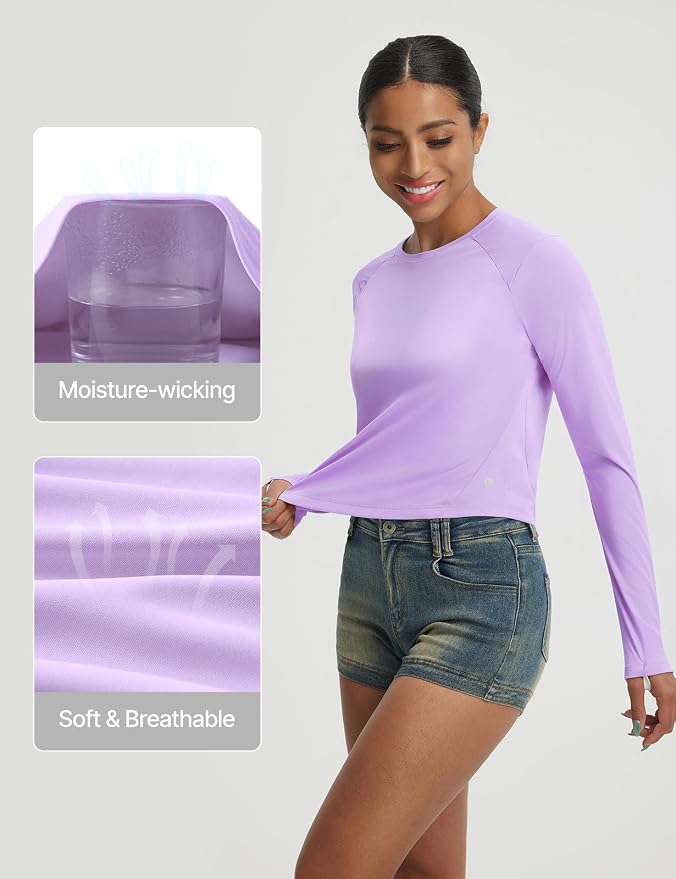 baleaf Women's UPF 50+ Long Sleeve Sun Shirts Crop Rash Guard UV Workout Tops SPF Slim Fit Lightweight Athletic Hiking