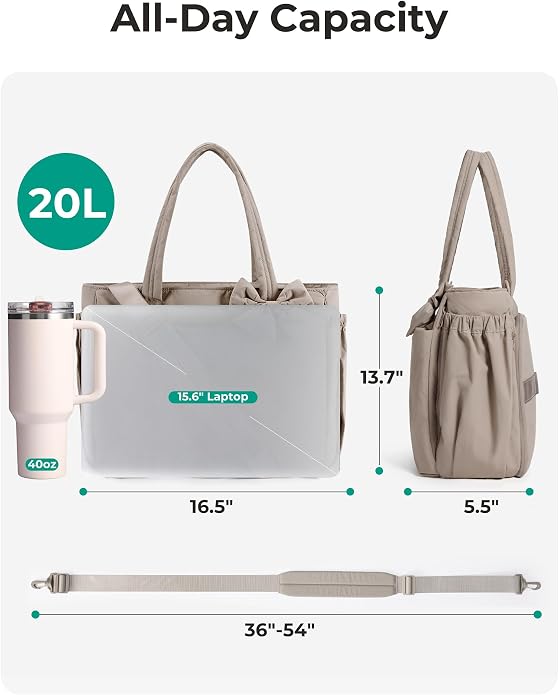 BAGSMART Crush Bow Tote Bag for Women, Puffer Travel Work Yoga Laptop Bag | Large Bow Tote Fits 40oz Tumbler, 15.6" Laptop, Yoga Mat Sleeve, Waterproof Pocket, Travel Work Swim Gym Mom Shoulder Handbag