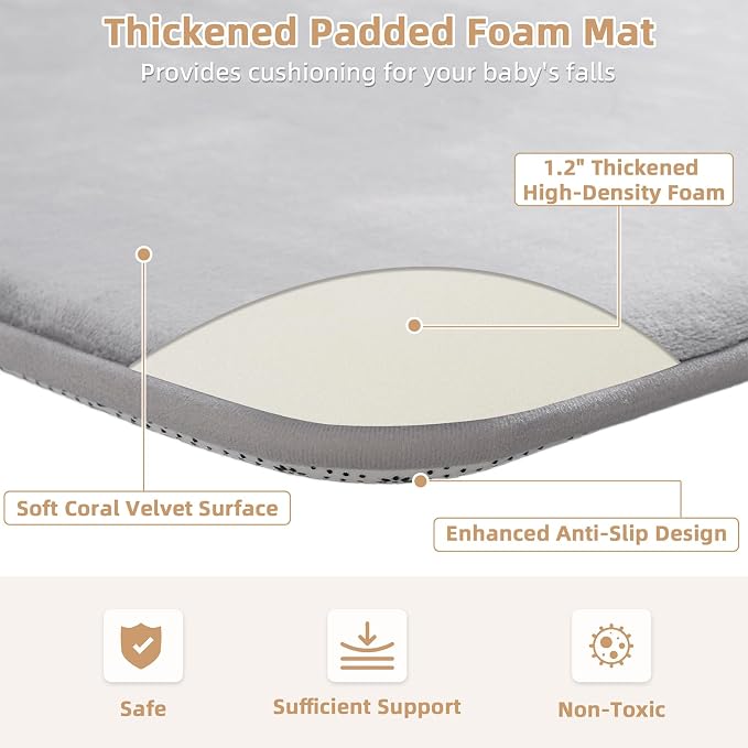 Thick Baby Play Mat for Floor,Padded Foam 59x39 Tummy Time Mat,Ultra Soft Support&Plush Feel Bedside Rugs,Non Slip for Toddler,Infants,Kids Play,Yoga,Baby Crawling (Light Grey)