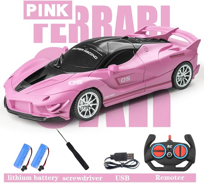 Remote Control Car, Pink RC Cars for Girls, Rechargeable RC Racing, Electric Power On Road High Speed Drift Model Vehicle Toy with Led Headlight, Birthday for Kids Age 3+