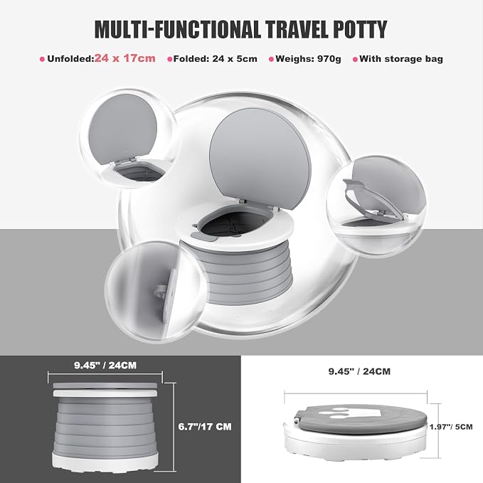 Portable Potty for Toddler Travel Foldable Potty Seat for Toddler Training Toilet for Kids Boys Girls Car On The Go Potty Travel Toilet Chair for Camping Park Indoor/Outdoor (Grey)