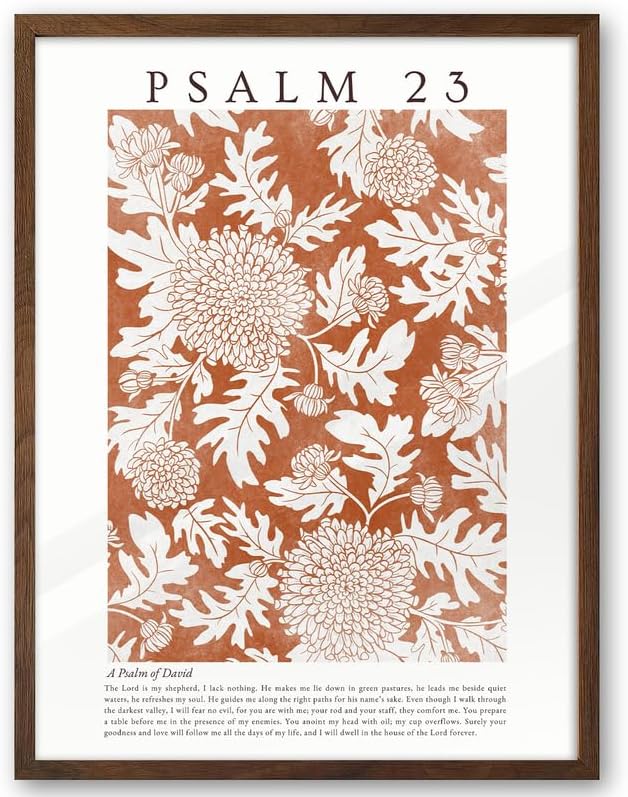 EcoHest 12x16 in Psalm 23 Orange Floral Botanical Framed Christian Wall Art | Walnut Color Solid Oak Frame with Canvas Wall Art, Scripture Bible Verse Decor for Bedroom, Living Room, Office, Church,1Pack